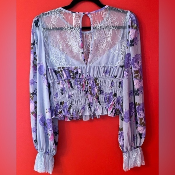 Nwot Free People Daphne Floral Print Lace Sheer Yoke Smocked Hem Blouse Size M - Picture 12 of 14